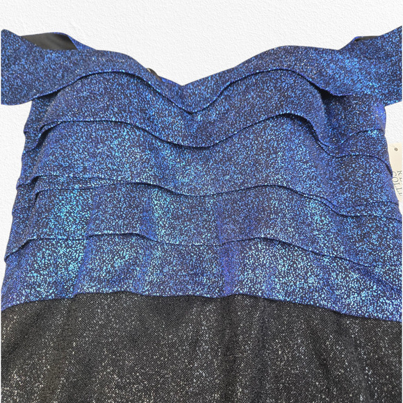 Rene Ruiz Collection Blue Black Off the Shoulder Tiered Ruffle Midi Dress Size 8 - Picture 4 of 13